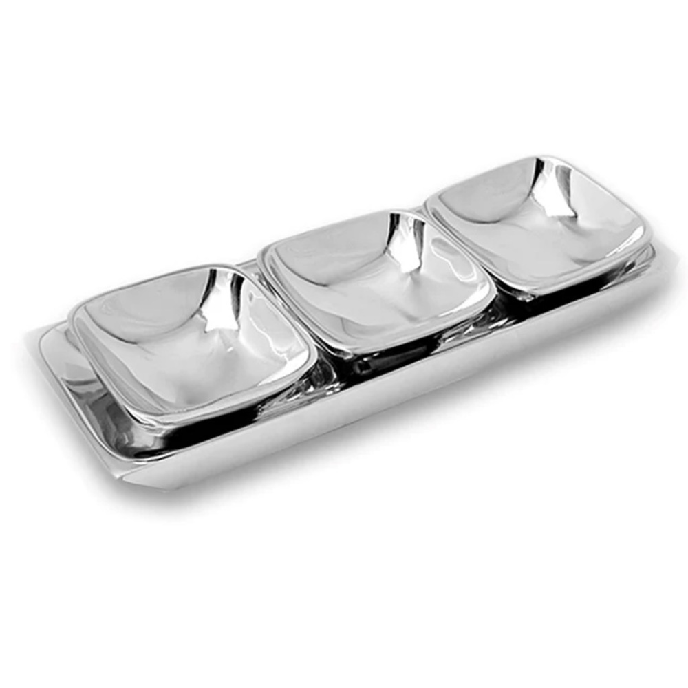 NWOT Lily Fields Home Metalware Company rectangular tray w/3 rounded-edged bowls